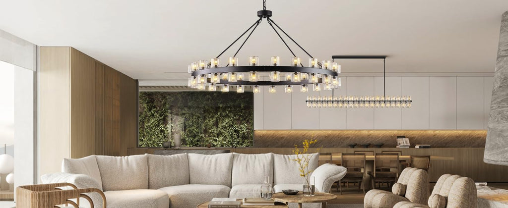 Plsintly 48 Inch Black Wagon Wheel Chandelier with Crystal Shade, Crystal Chandelier, Modern Farmhouse Style, Ideal for Dining Room, Kitchen, Entryways,48 Lights (Bulbs Included)