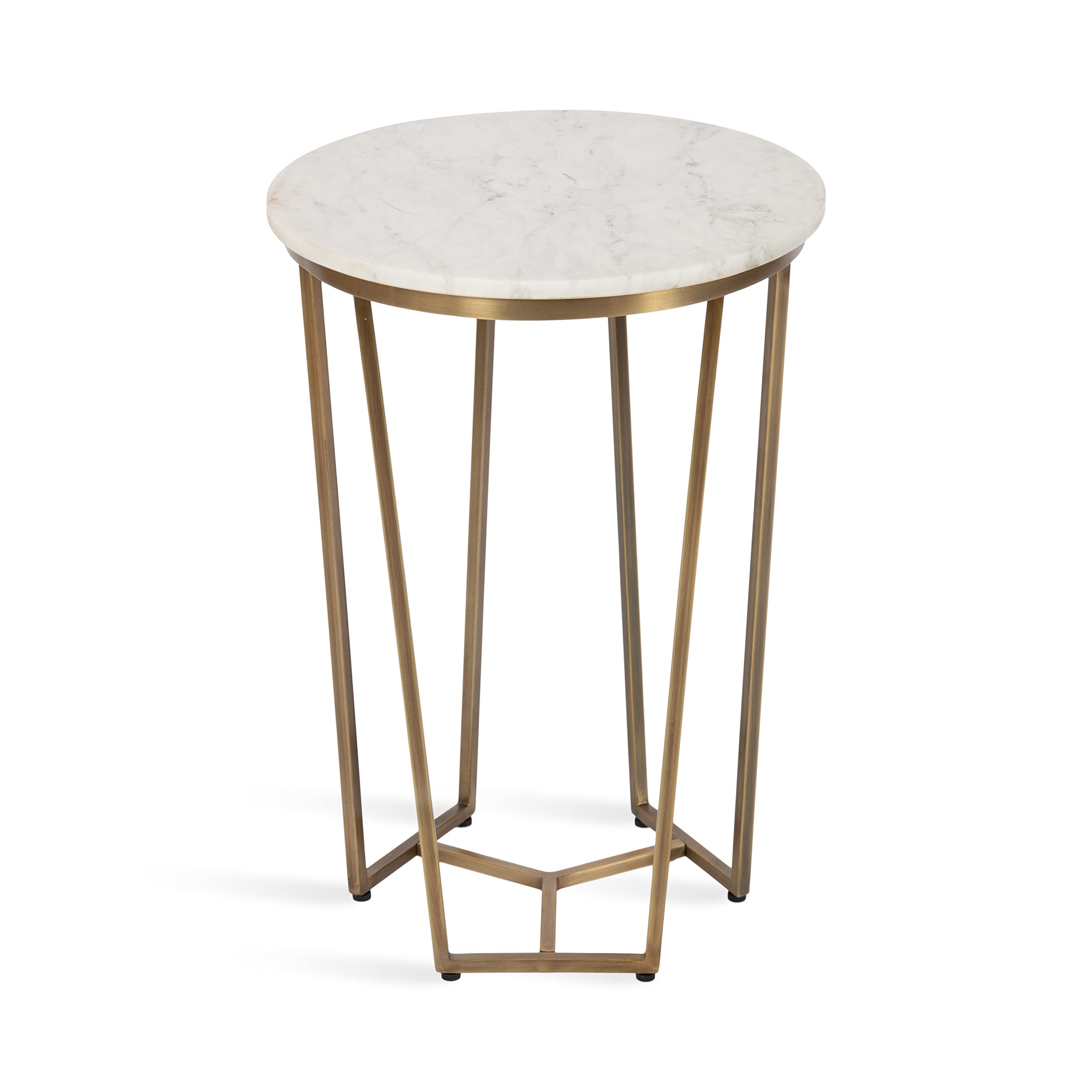 Kate and Laurel Solvay Round Metal and Marble Side Table; 16 x 16 x 24; White Marble and Antique Brass; Modern Glam Bedroom Nightstand Table with Premium Natural Marble Stone and Iron Base