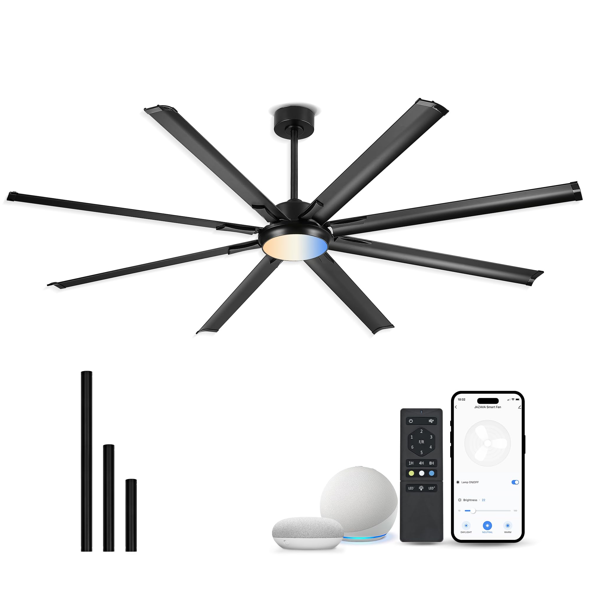 JAZAVA 84 Inch Industrial Ceiling Fan with Light, Large Ceiling Fan with 8 Aluminum Blades, Works with Alexa, 6-Speed Reversible DC Motor, 3 CCT Settings, Ideal for Covered Outdoor Spaces, CF04BK-84