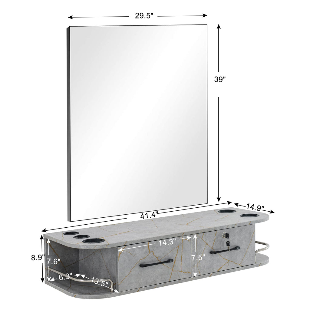 BarberPub Locking Wall Mount Styling Barber Station with Mirror Beauty Spa Salon Furniture,6154-5012-mirror (Gold&Grey)