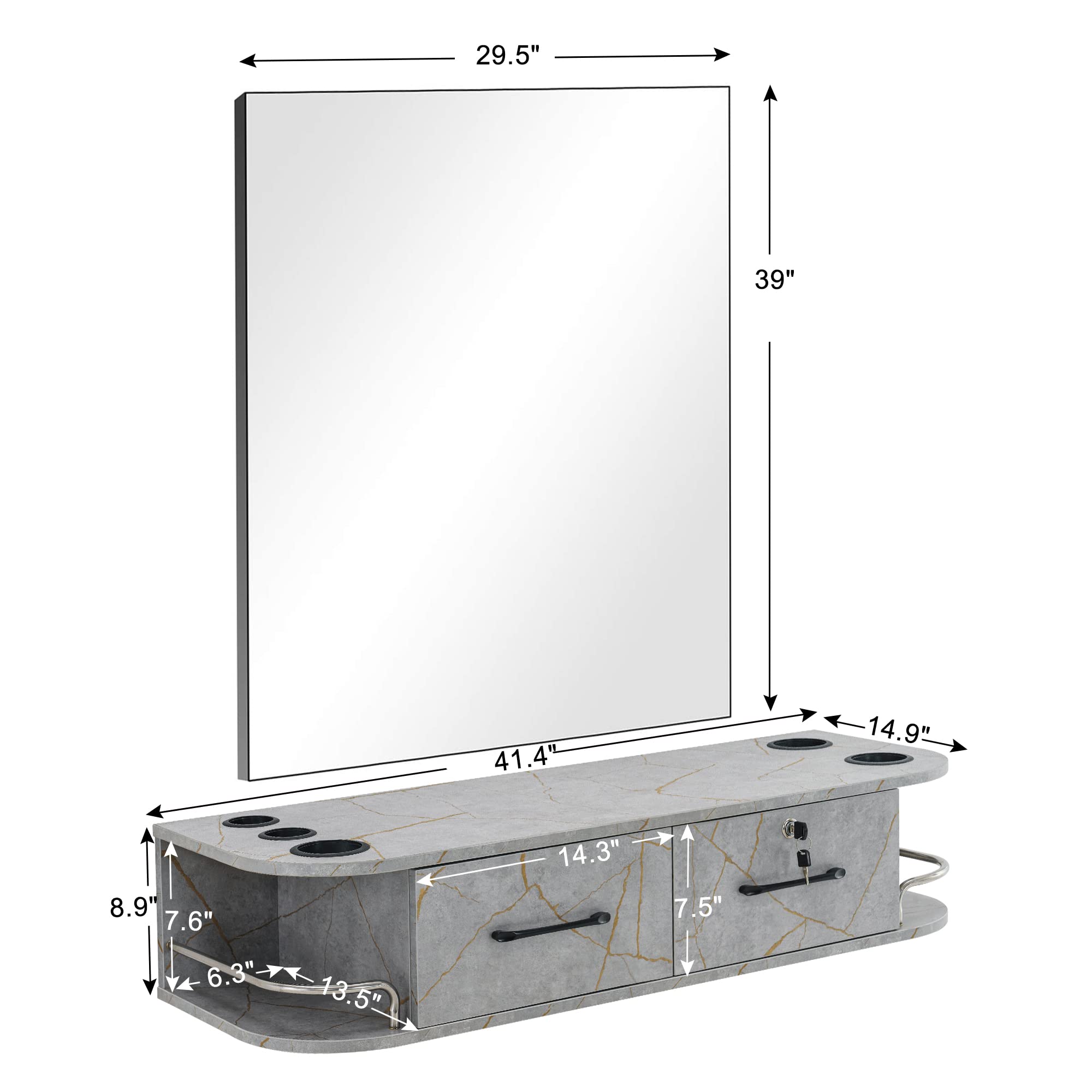 BarberPub Locking Wall Mount Styling Barber Station with Mirror Beauty Spa Salon Furniture,6154-5012-mirror (Gold&Grey)