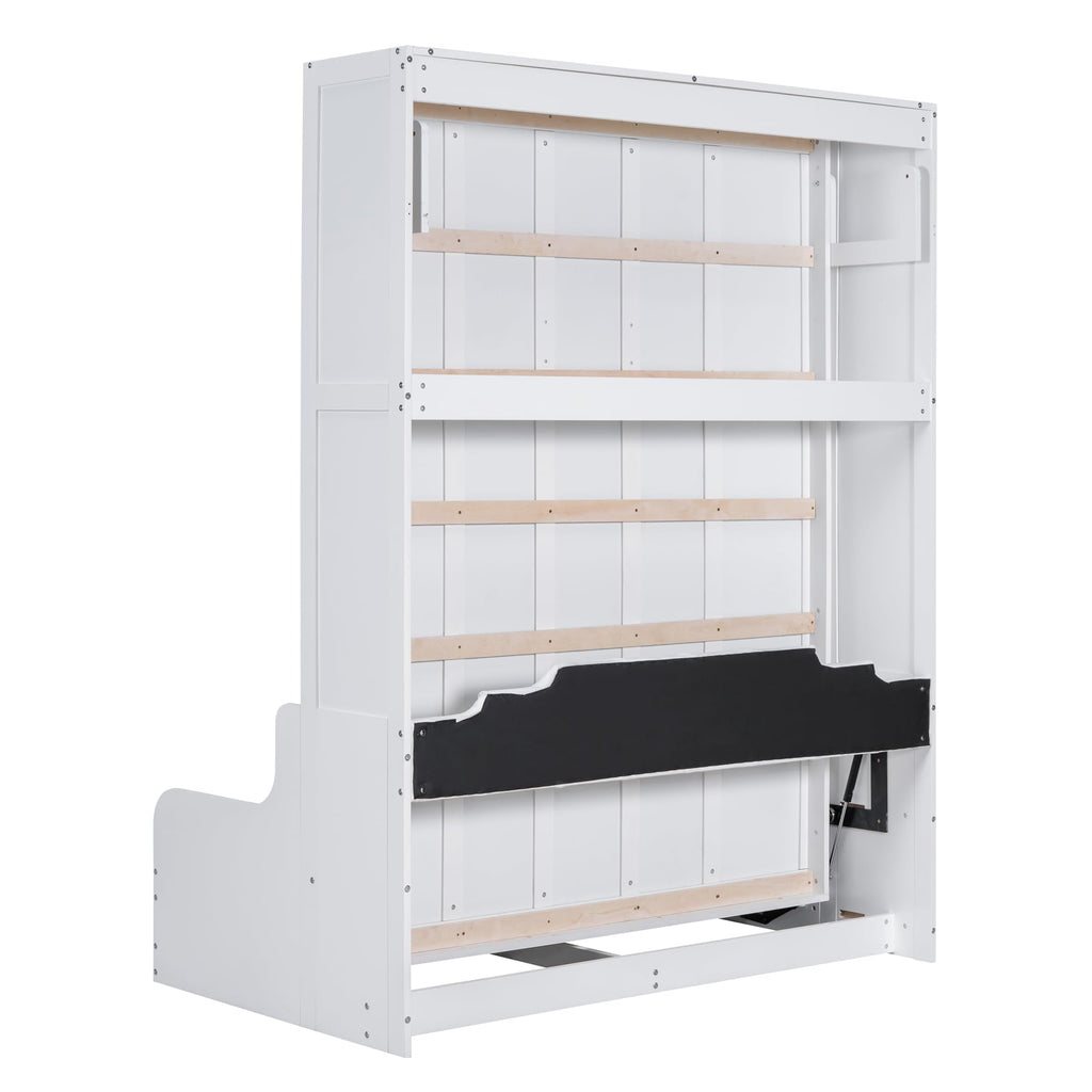 Merax Queen Size Murphy Bed Frame, Modern Wall Bed Can Be Folded into Cabinet, Chair with Cushion, White