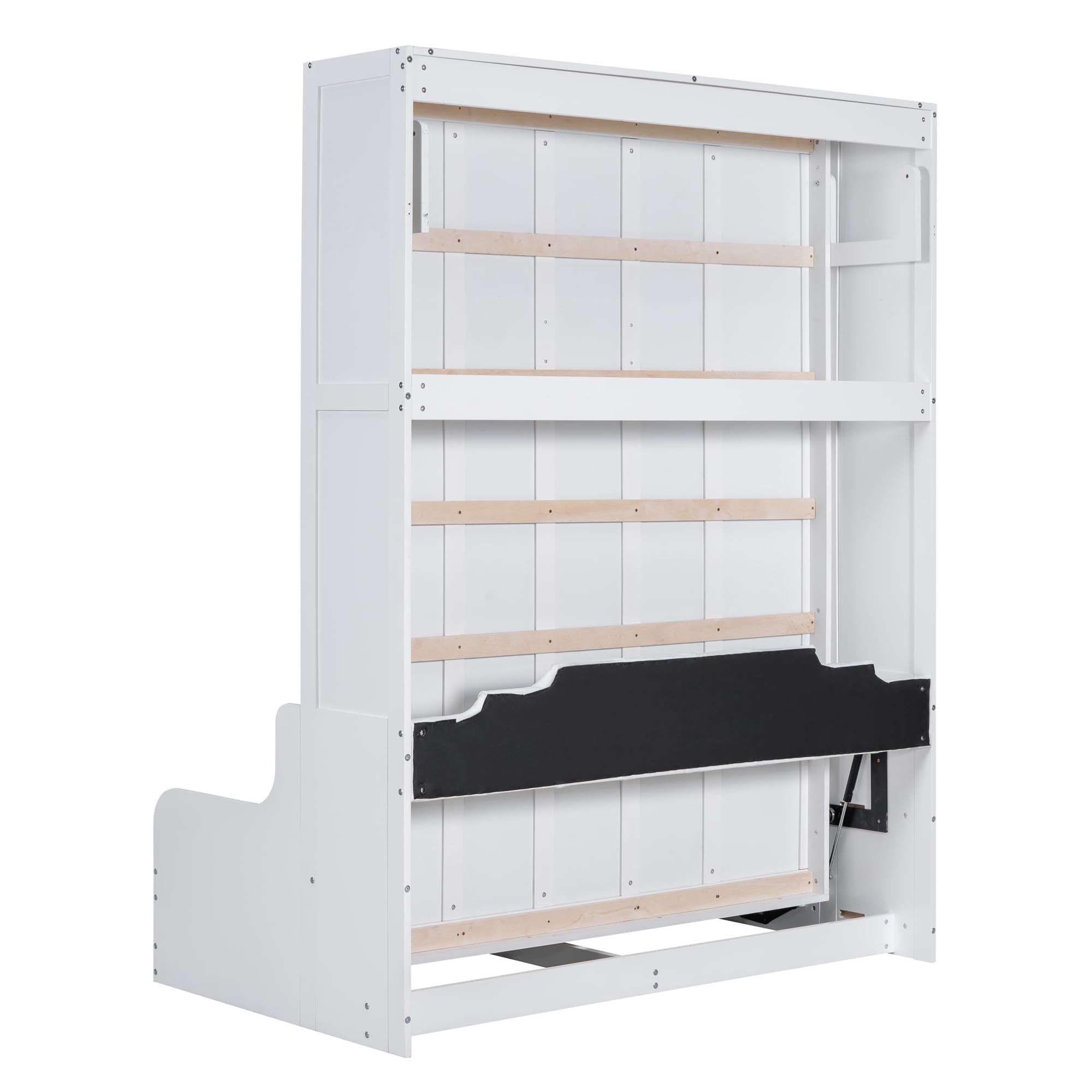Merax Queen Size Murphy Bed Frame, Modern Wall Bed Can Be Folded into Cabinet, Chair with Cushion, White