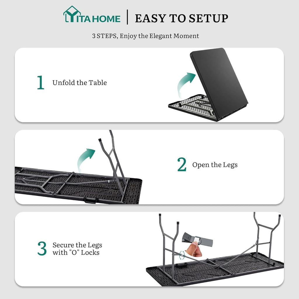 YITAHOME 8-Pack 6ft Folding Table w/1.38" Thick Tabletop Heavy Duty, Portable Outdoor Folding Tables w/Carrying Handle for Camping Picnic Parties/Indoor Events, Black