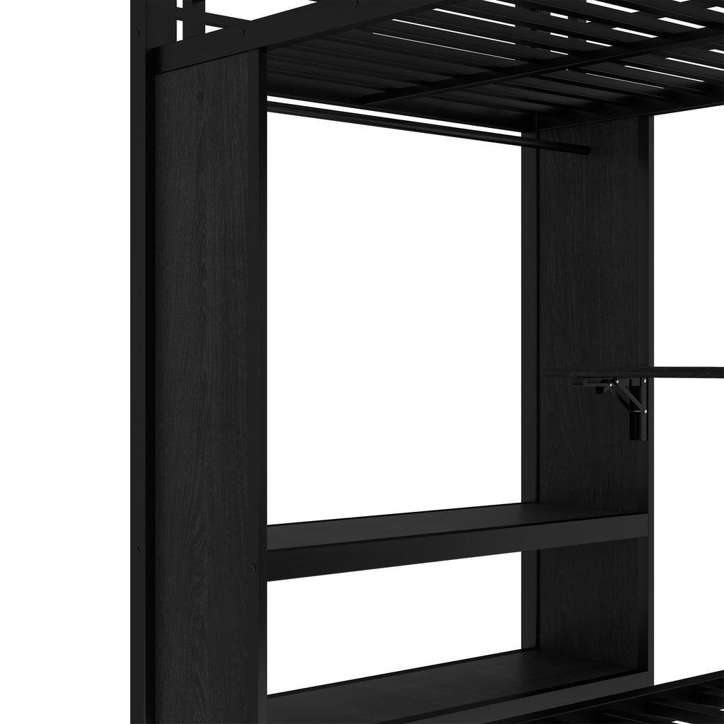 Bellemave Twin/Twin XL Over Twin XL bunk Bed with Foldable Desk and Wardrobe and Twin Trundle, loft Bed with Desk and Desk, Metal Bunk Beds with Storage, Black