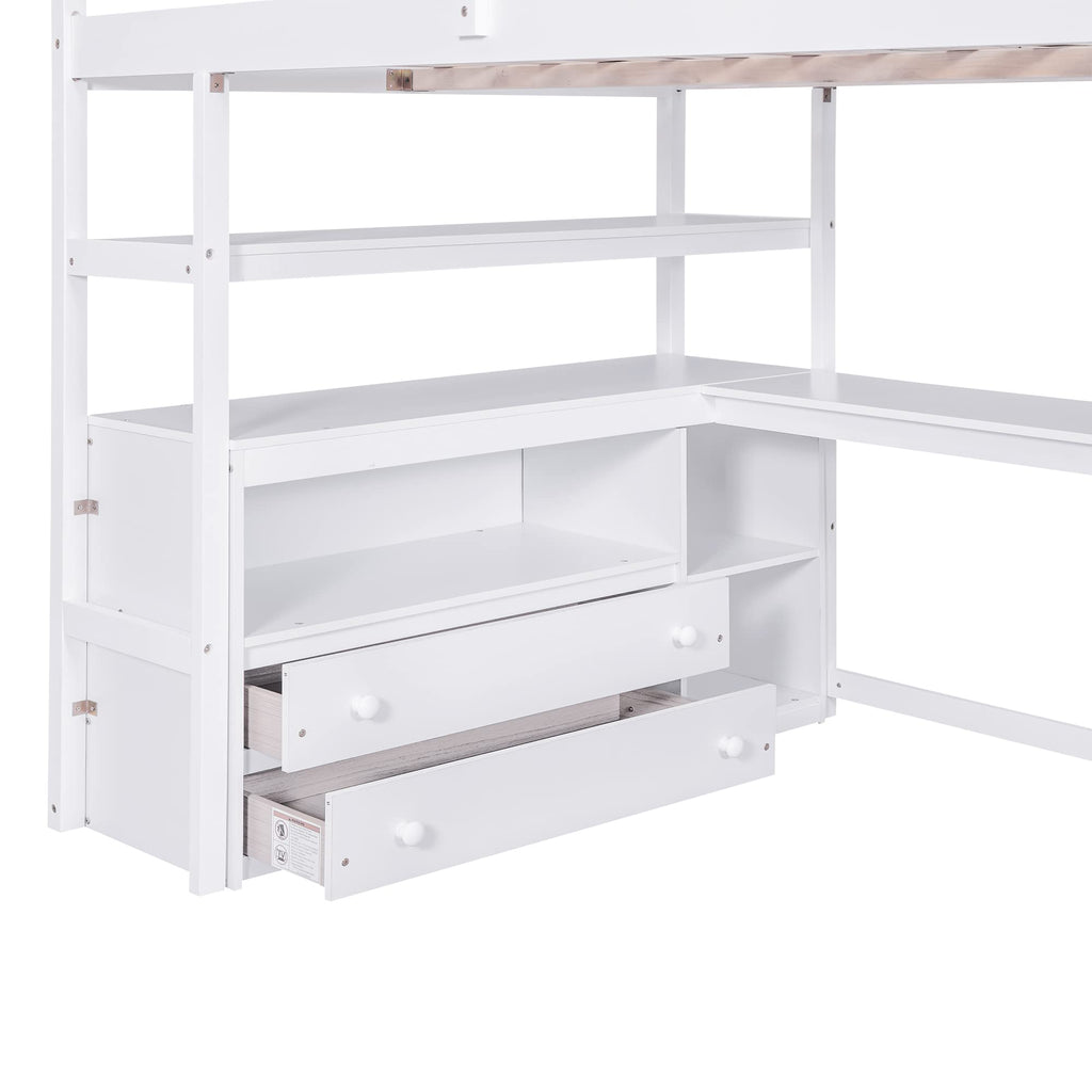 Brisca Full Size Loft Bed with Desk and Shelves,Multifunctionl Bedroom Bed Frame w/Two Built-in Drawers & Storage Staircase,Solid Wood Slats Support,for Kid Adult Boy Girl Teens,White