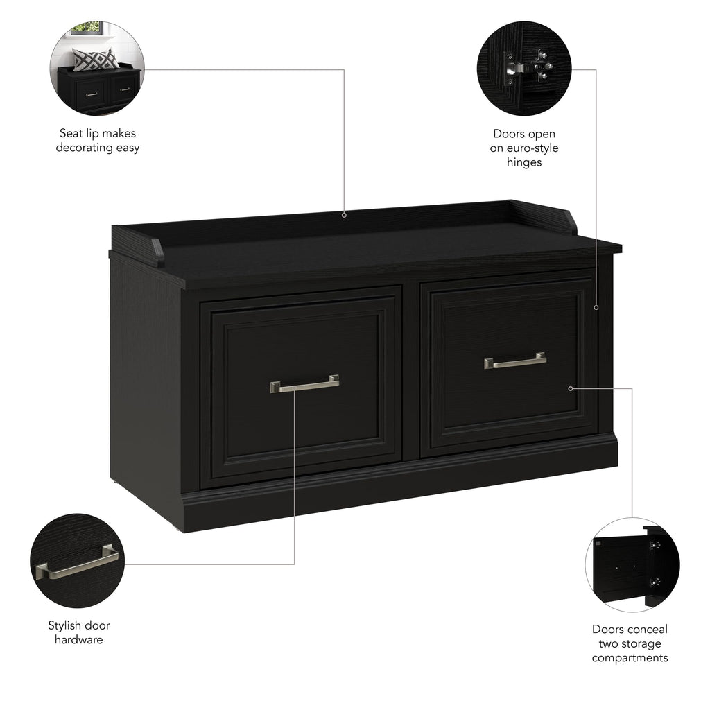 Bush Furniture Woodland 40W Shoe Storage Bench with Doors in Black Suede Oak | Footwear Organizer for Home Entryway, Mudroom, and Foyer