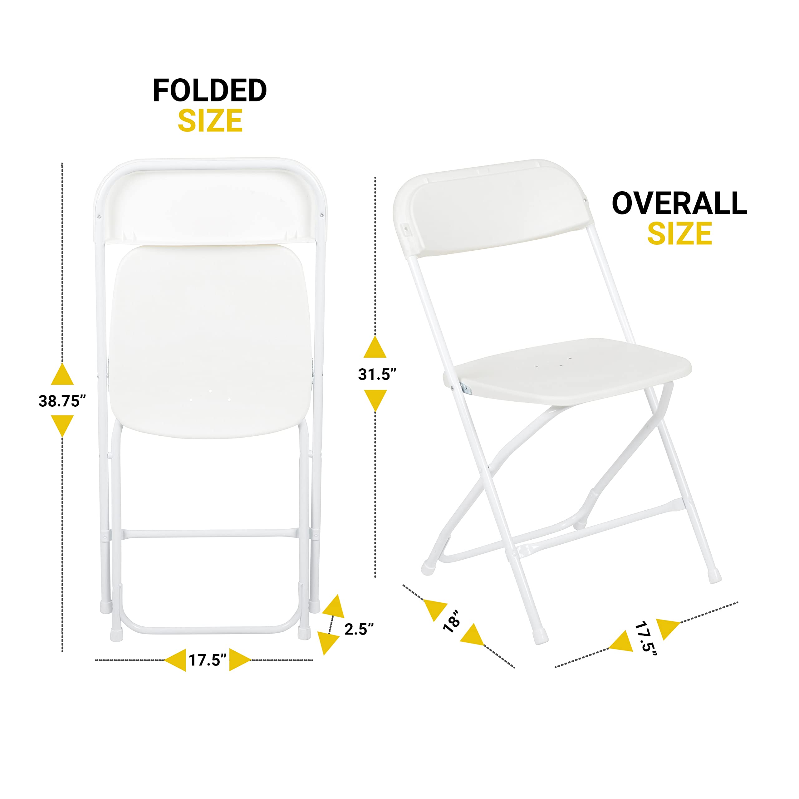 UPGORILO Set of 10 Folding Plastic Chairs in White - 650 lbs. Static Weight Capacity per Chair