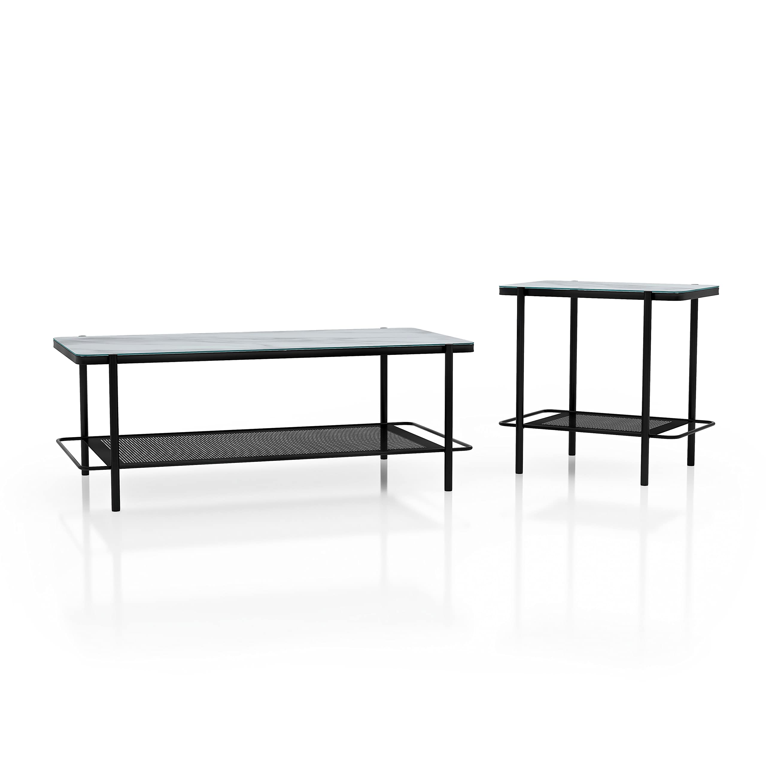 Furniture of America Basil Industrial Faux Marble Top Steel 2-Piece Coffee and End Tables Set with Open Shelves, Black and White