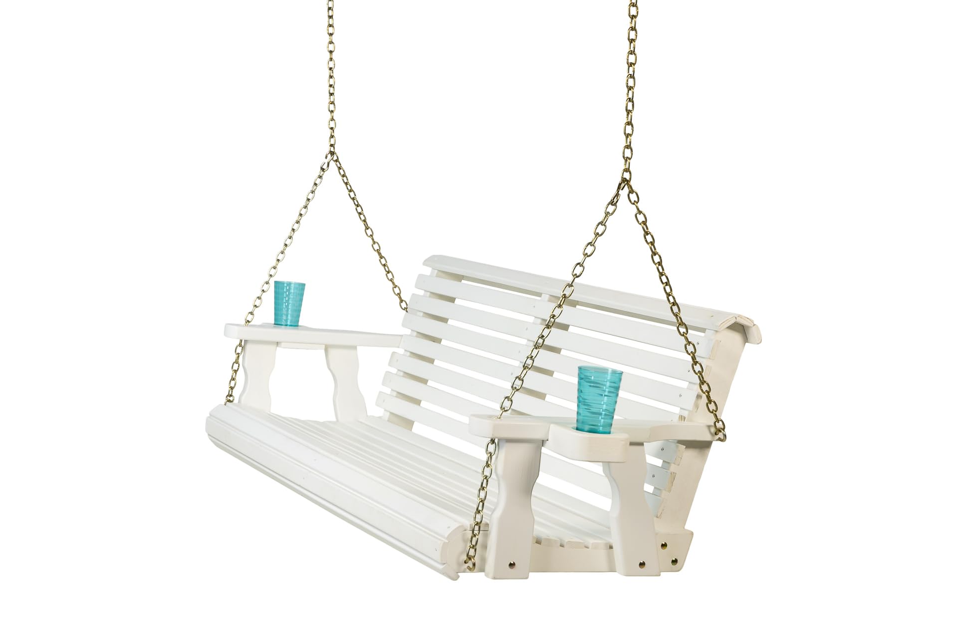 Amish Casual Heavy Duty 700 Lb Capacity Porch Swing with Cup Holders (4 Foot, Semi-Solid White Stain) – Wooden Outdoor Roll Back Swing with Hanging Chains – Amish Made in the USA