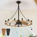 Natural Farmhouse Wood Wagon Wheel Chandelier Fans with 12 Lights and Remote, Rustic Wooden Ceiling Fan Light 36in Fandelier for Bedroom Dining Room Kitchen Living Room