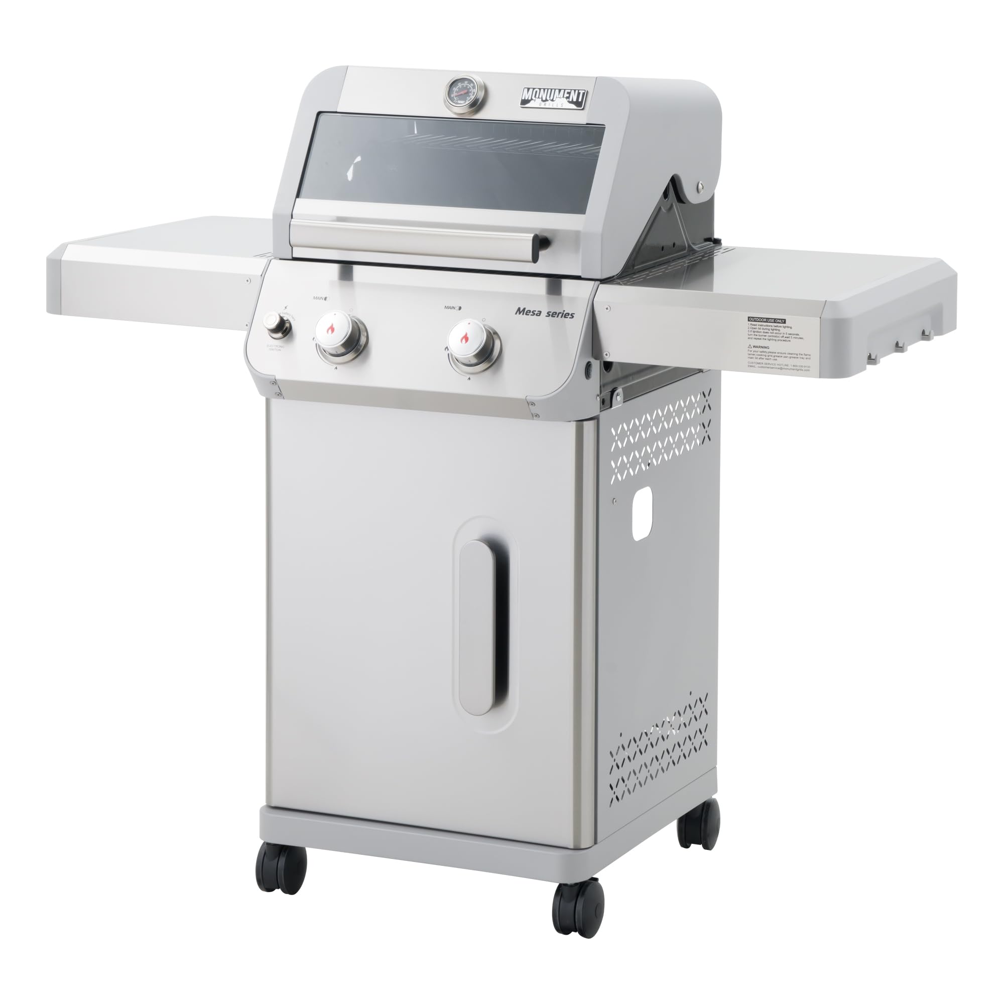 Monument Grills 2-Burner Stainless Steel Liquid Propane Gas Grill, Two Foldable Shelves Patio Garden Barbecue Grill with Clearview® Lid, Knob Control Mesa200S