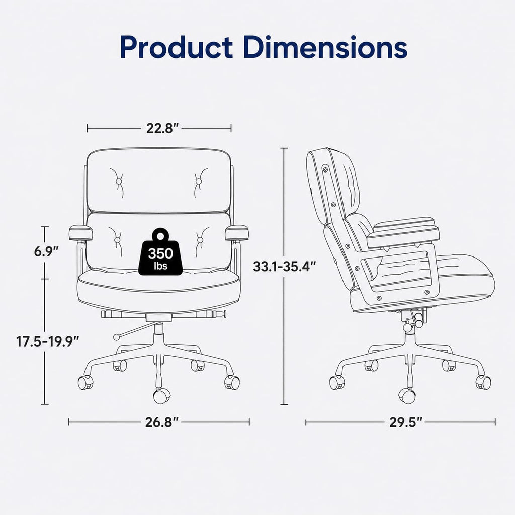 OTDMEL Home Office Chair with Top Grain Leather, Padded Armrests, Mid-Back Upholstered Executive Leather Desk Chair, Aluminum Frame, Adjustable Height, 360 Swivel, Rolling Wheels, 350lbs Capacity