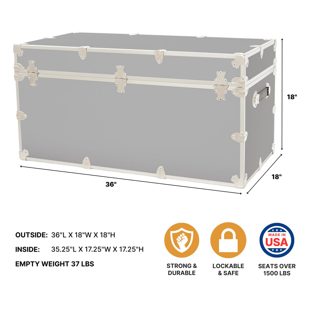 Rhino Trunk & Case Classic XXL Home Storage & College Trunk With Wheels - 36”x18”x18”, Seats 1500+ lbs, Soft-Close Lid. USA Made Secure Dorm Furniture, Organization, Steamer Style Blanket Chest