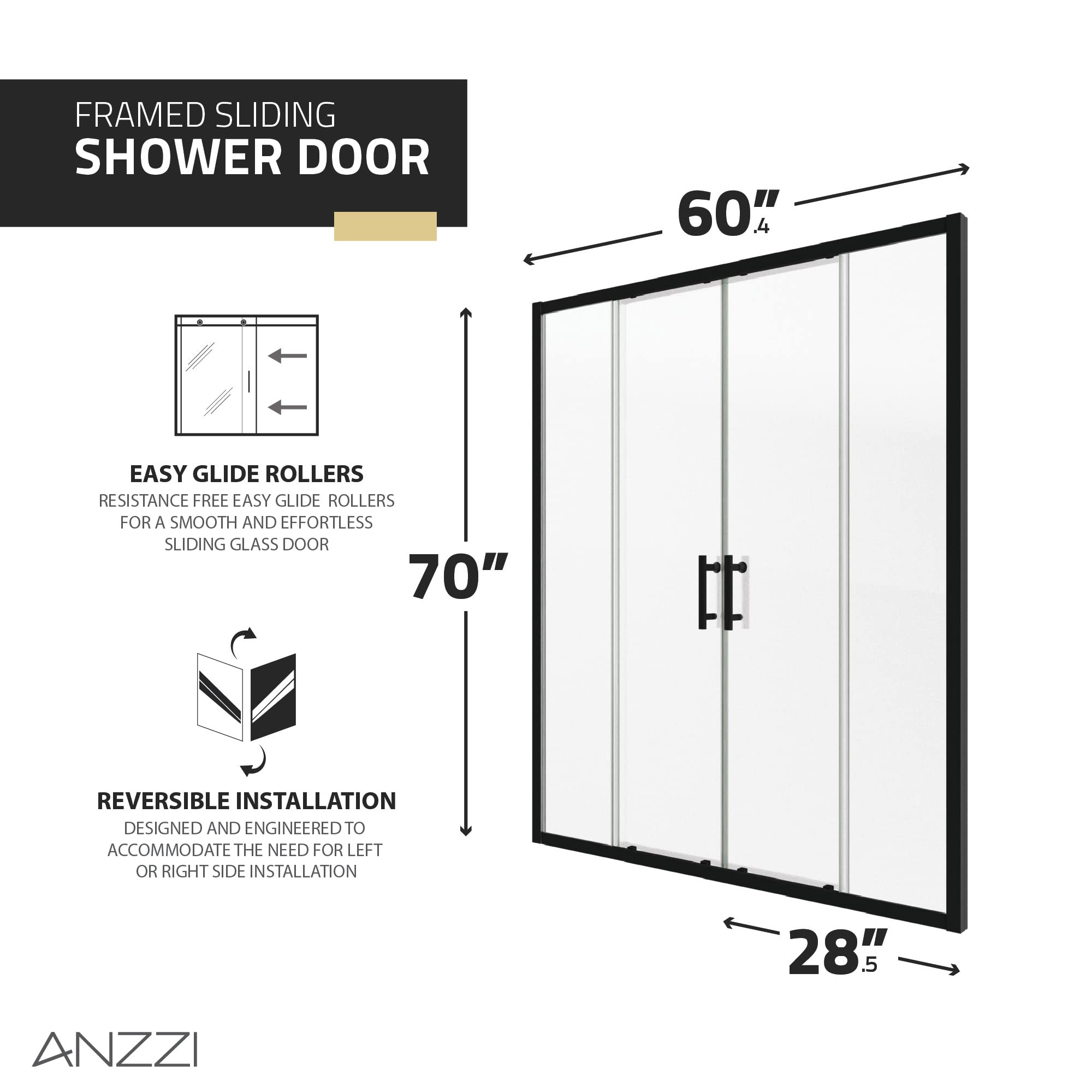 ANZZI 70-in x 60-in. Framed Double Sliding Shower Door, Resistance Free Hinges for Smooth Opening and Closing, Clear Tempered Glass in Matte Black Finish (SD-AZ15-01MB)