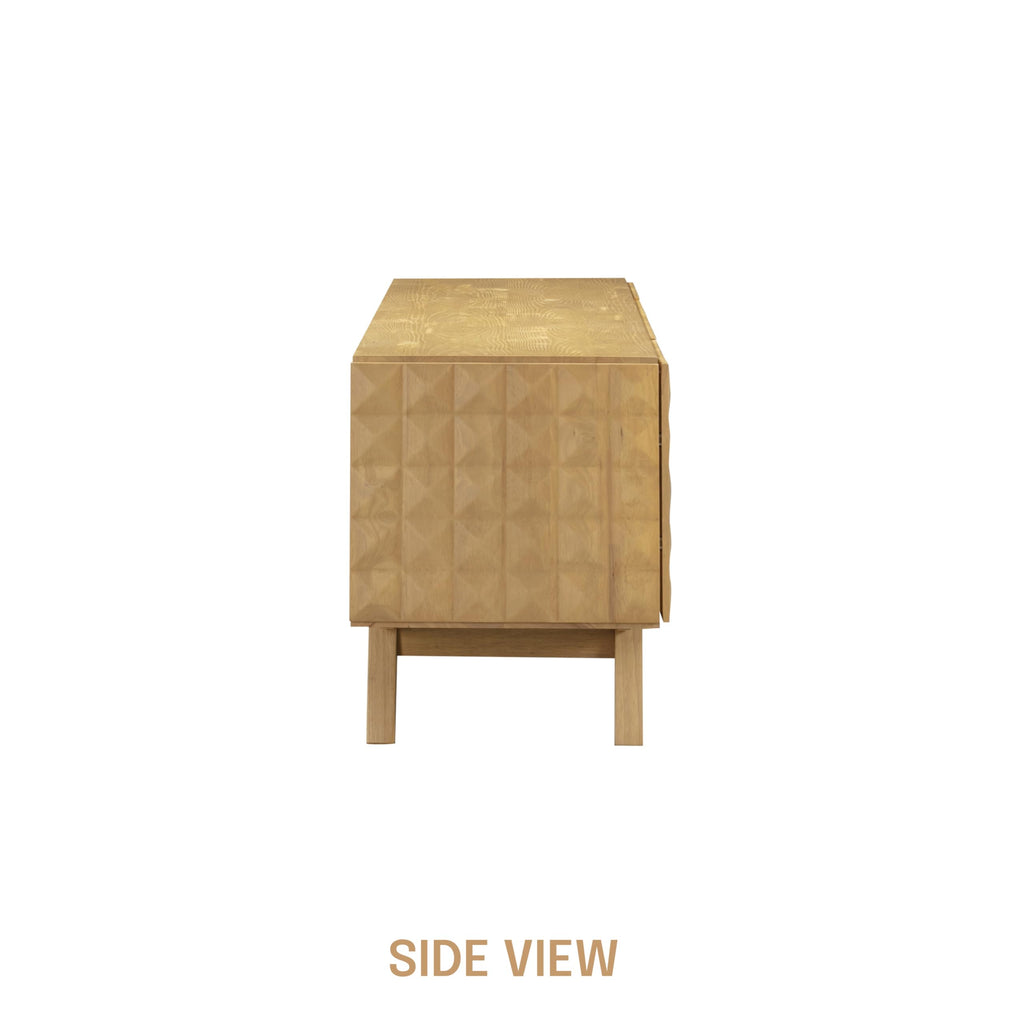 NTC Sapa Mid-Century Modern Solid Wood TV Stand 4-Door Media Console with Carved Geometric Fronts for TVs up to 75", Effortless Assembly, Sand