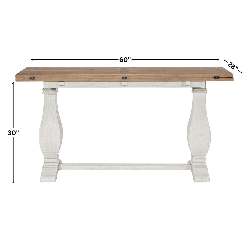 Martin Svensson Home Napa Solid Wood Pedestal Flip-Top Sofa Console Table, White and Driftwood, 60 inches x 18 inches x 30 inches
