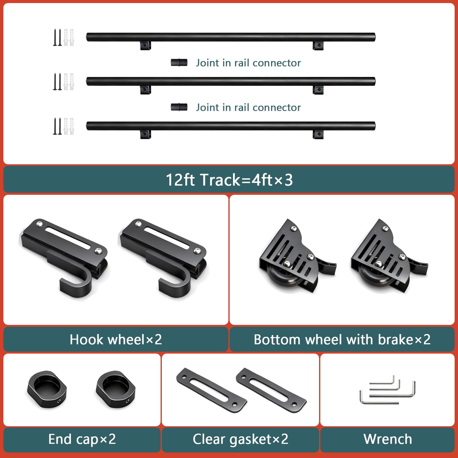 104RDHOUSE 12FT Sliding Library Ladder Hardware Kit,Black Telescopic Top Hook,Bottom Wheel with Brake,MAX Load 300lbs,No Ladder
