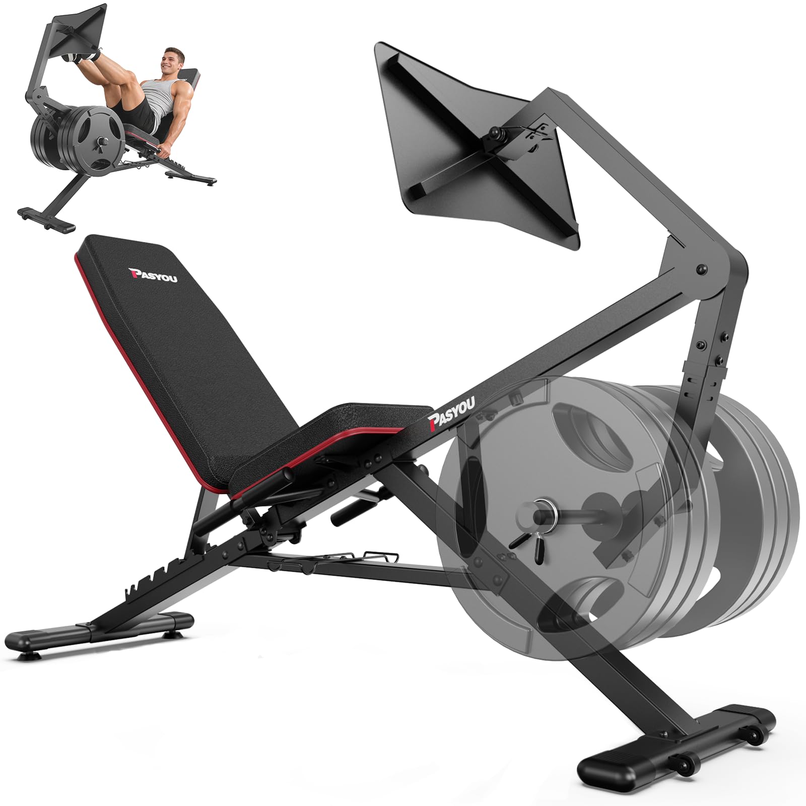PASYOU Leg Press Machine for Home Gym – Adjustable Foot Plate Weight Bench with Leg Extension, Compact Footprint Workout Bench for Glutes, Quads & Hamstrings, Compatible with 1'' and 2'' Weight Plates
