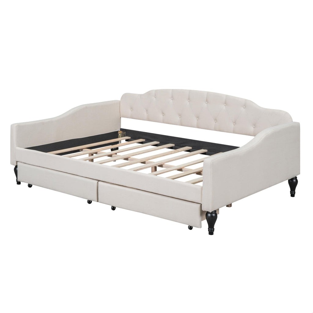 GDFStudio Full Size Upholstered Tufted Daybed with Two Storage Drawers – Linen Fabric, Solid Wood Frame, Space-Saving Design, Beige
