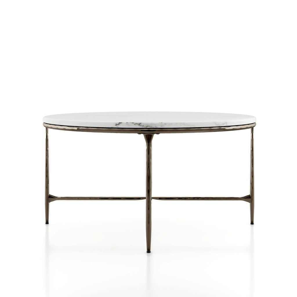 24/7 Shop at Home Aureum Modern 35-inch Round Marble Top Coffee Table with X-Brace, Hammered Dark Bronze Metal Frame for Living Room, Office, White