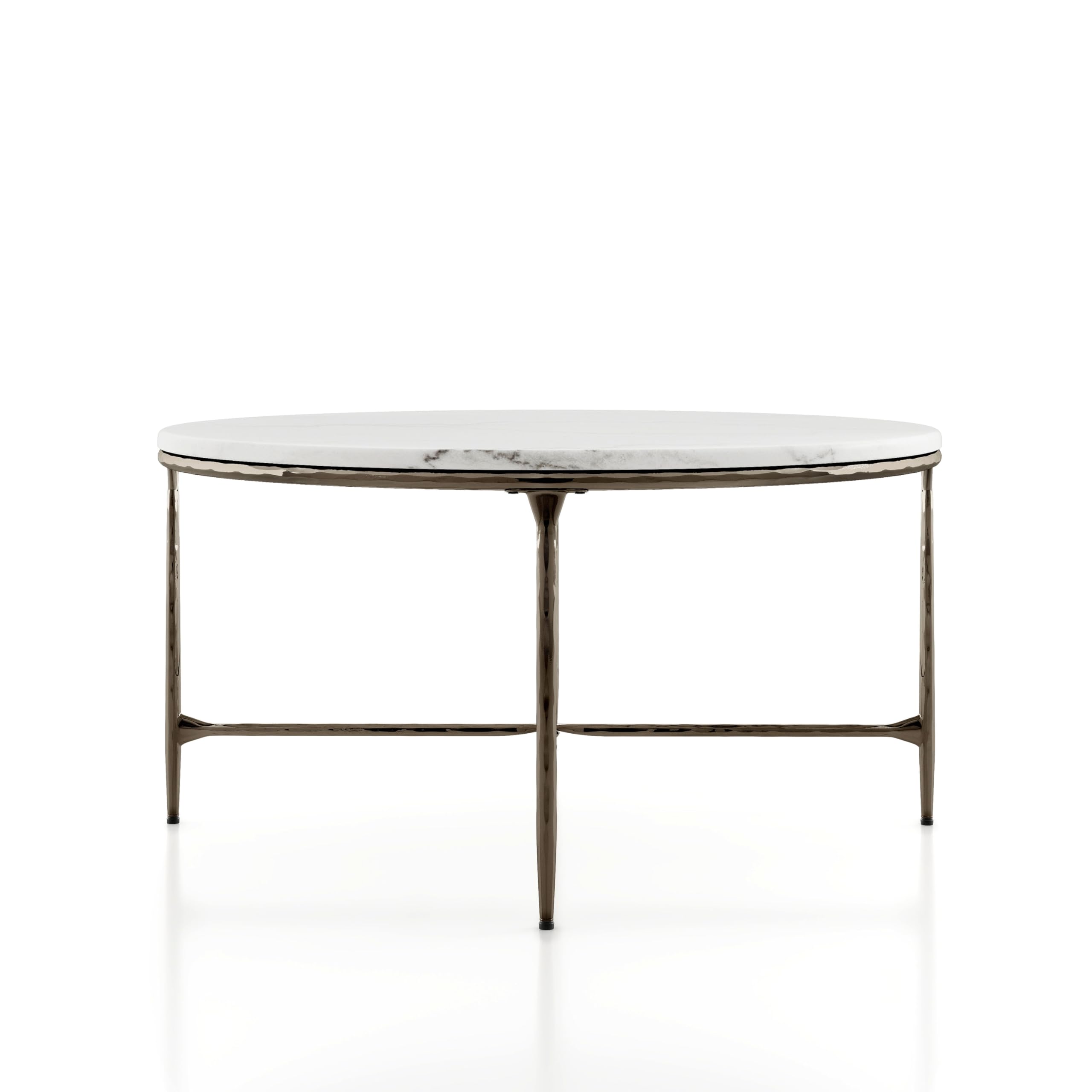 24/7 Shop at Home Aureum Modern 35-inch Round Marble Top Coffee Table with X-Brace, Hammered Dark Bronze Metal Frame for Living Room, Office, White