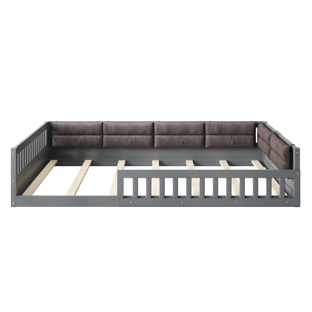 Merax Full Size Upholstered Platform Bed with Guardrail & Pillow, Solid Pine Wood Bed Frame, No Box Spring Needed, 600 lbs Capacity Safety Guaranteed Easy to Assemble for Bedroom, Gray