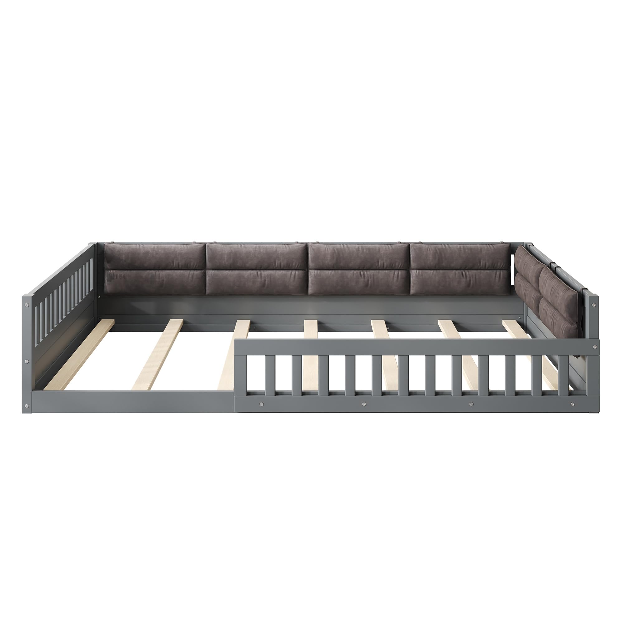 Merax Full Size Upholstered Platform Bed with Guardrail & Pillow, Solid Pine Wood Bed Frame, No Box Spring Needed, 600 lbs Capacity Safety Guaranteed Easy to Assemble for Bedroom, Gray