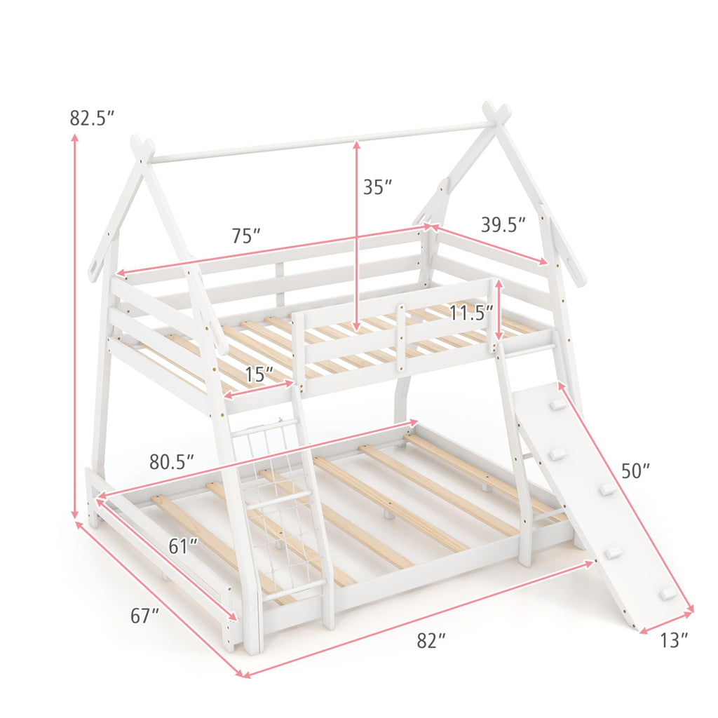 KOMFOTT Wood Twin Over Queen House Bunk Bed, Playhouse Floor Low Bunk Bed with Climbing Nets & Ramp, Space Saving Solid Wood Bunk Bed Frame with Safety Guardrails, Not Box Spring Required (White)