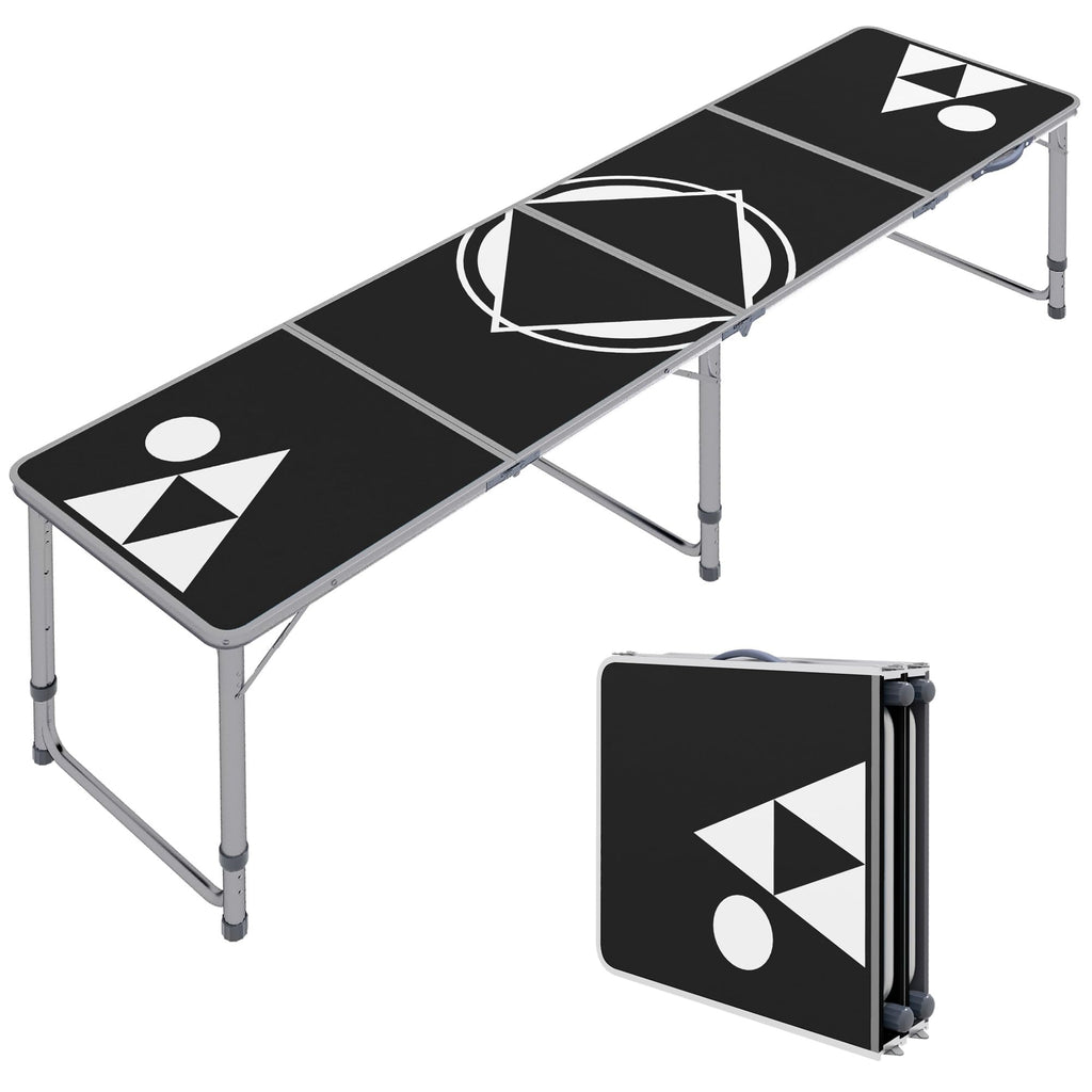 8ft Portable Beer Pong Table with Adjustable Legs, Folding Camping Table, Aluminum Picnic Table, for Party, Travel, BBQ, Beach, Black and White