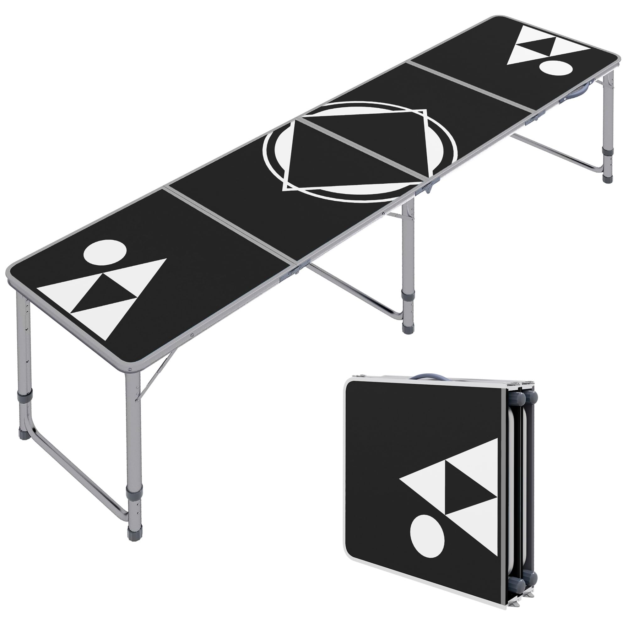 8ft Portable Beer Pong Table with Adjustable Legs, Folding Camping Table, Aluminum Picnic Table, for Party, Travel, BBQ, Beach, Black and White