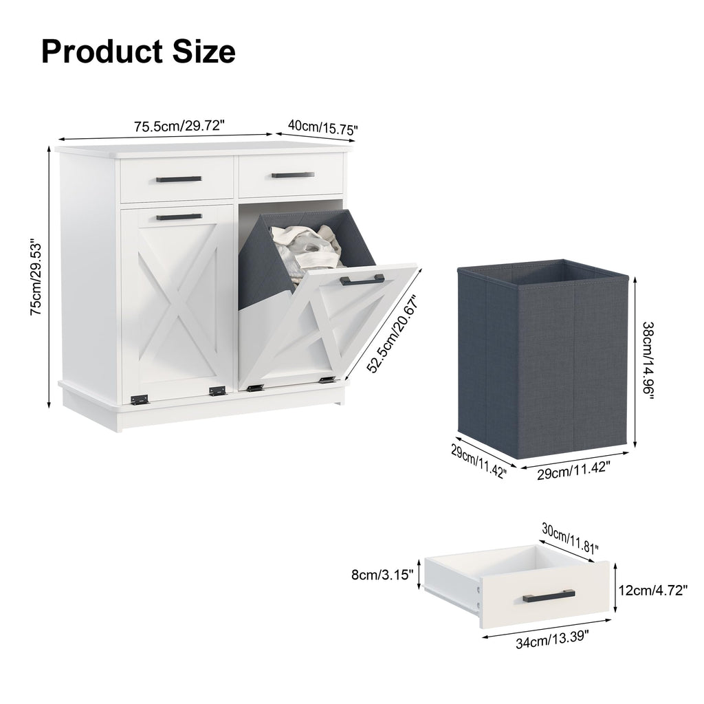Mepplzian White Double Tilt Out Laundry Hamper Cabinet Laundry Basket Cabinet Hidden Laundry Hamper with 2 Drawers & 2 Baskets for Bathroom,30x30x16in（Barn Door Panel）