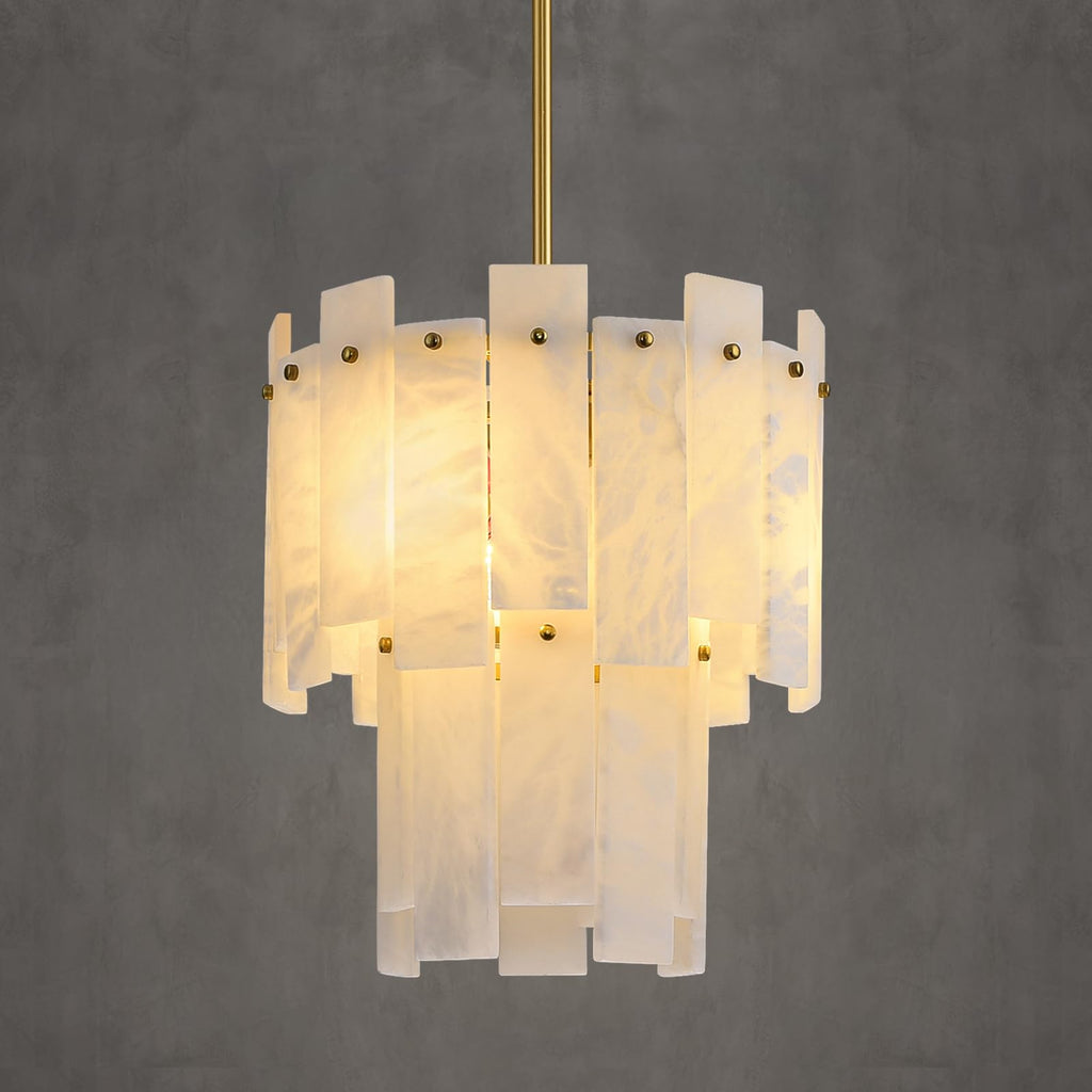 PIOUTNF Alabaster Round Chandelier, 2-Tier Spanish Alabaster Chandeliers, Warm White, 13" Modern Small Gold Marble Pendant Chandeliers for Foyer, Kitchen Island, Dining Room, Bedroom
