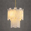 PIOUTNF Alabaster Round Chandelier, 2-Tier Spanish Alabaster Chandeliers, Warm White, 13" Modern Small Gold Marble Pendant Chandeliers for Foyer, Kitchen Island, Dining Room, Bedroom