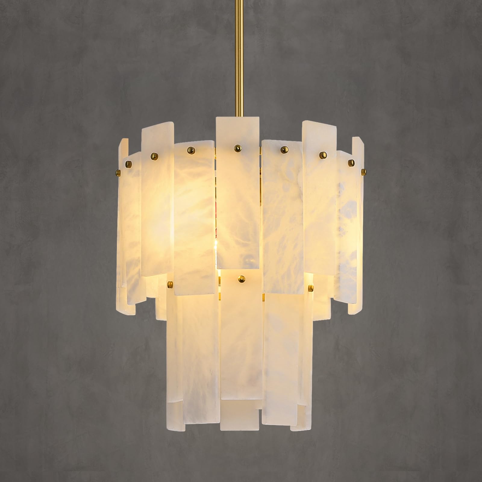 PIOUTNF Alabaster Round Chandelier, 2-Tier Spanish Alabaster Chandeliers, Warm White, 13" Modern Small Gold Marble Pendant Chandeliers for Foyer, Kitchen Island, Dining Room, Bedroom