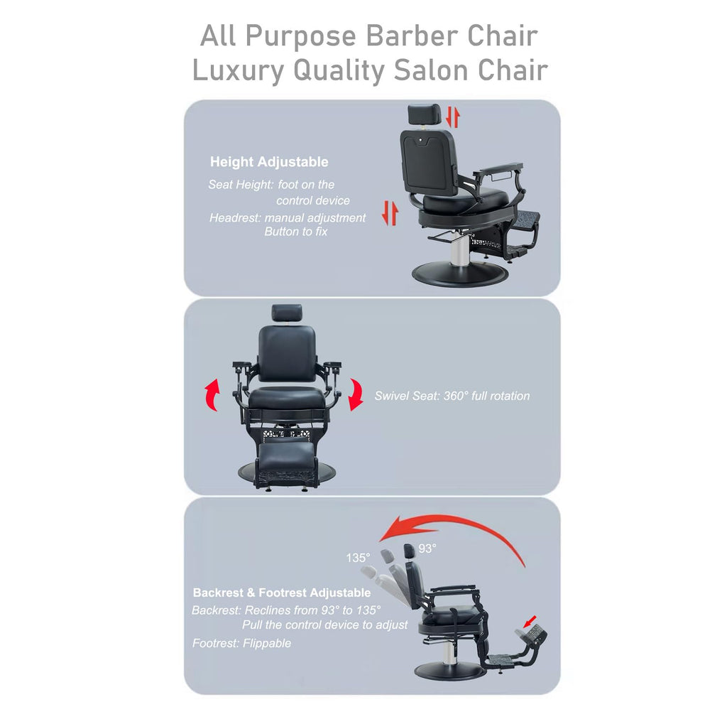 McDooFly Barber Chair Heavy Duty 700 lbs - Salon Chair for Hair Stylist - Black Reclining Barber Chairs for Barbershop - Salon Tattoo Shampoo Beauty Massage Equipment