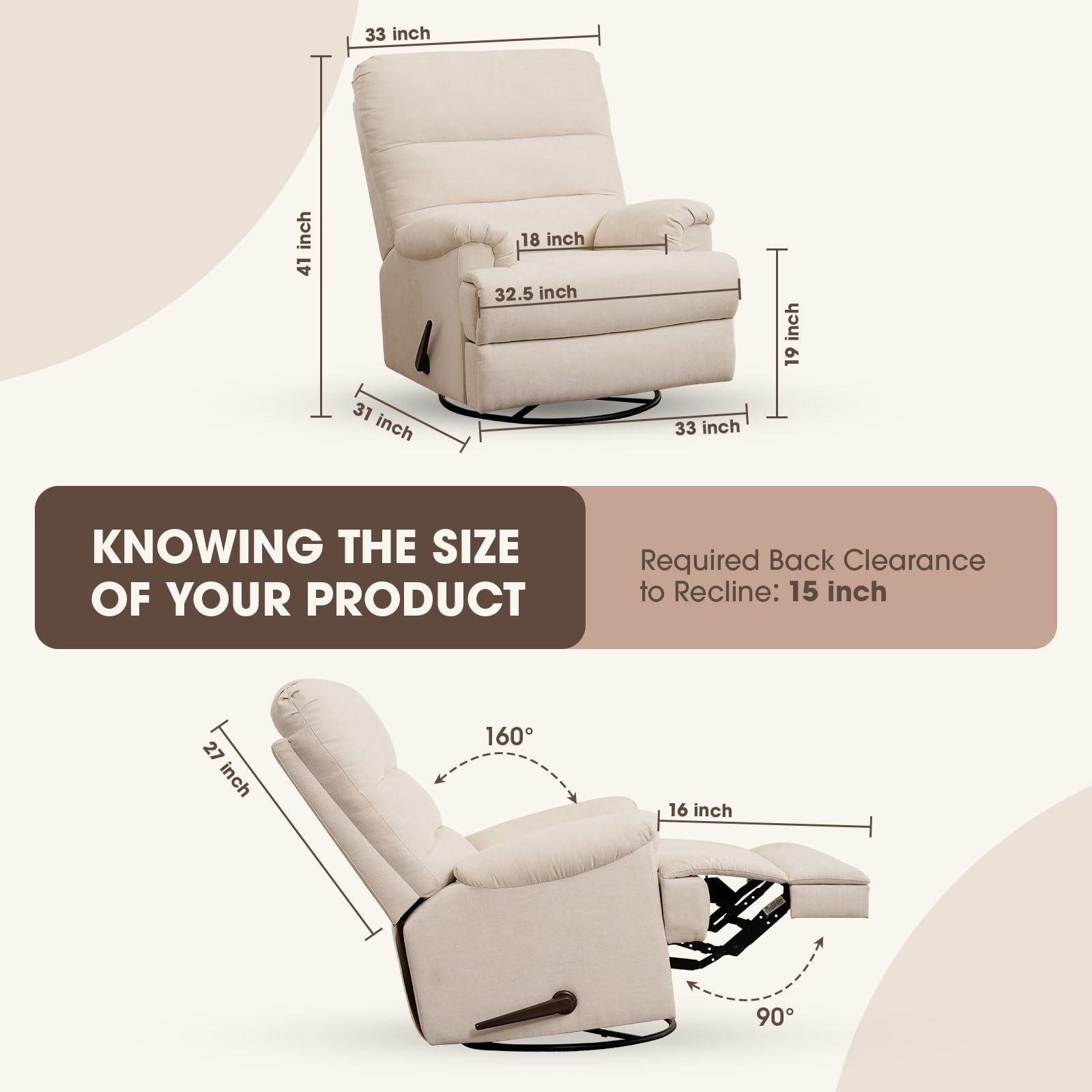 Divanus Large Glider Rocker Recliner,Beige Swivel Rocking Recliner Chair,Reclining Sofa Rocking Chair Nursery,23 Inches Deep Seat & 27 inches High Back,for Living Room, Bed Room‎ (Beige)