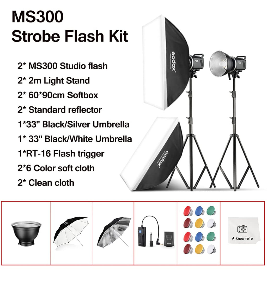 2pcs Godox MS300 600W Studio Strobe Flash Kit Bowens Mount Lighting,2.4G Wireless GN58 5600K Monolight with 150W Modeling Lamp,RT-16 Flash Trigger,Light Stands,Softbox,Umbrellas,Reflectors