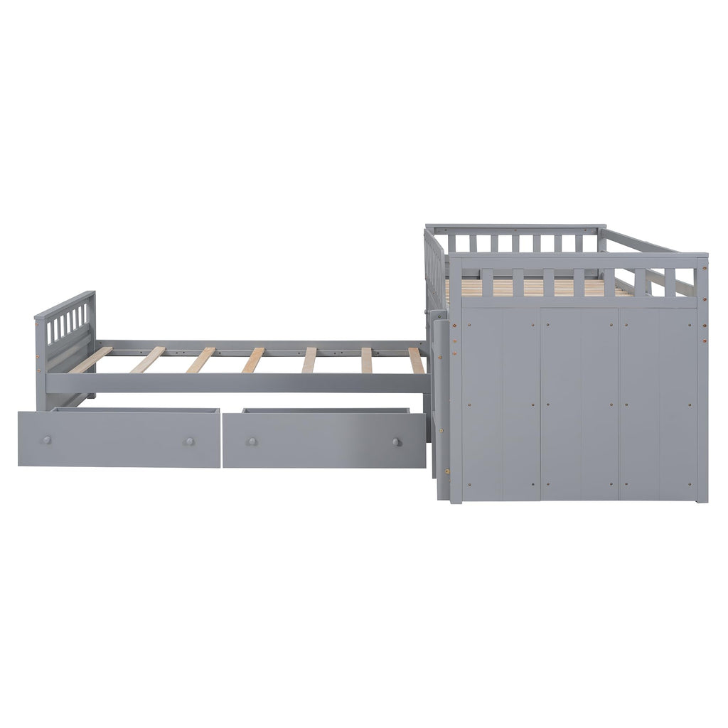 Merax L-Shaped Space-Saving Twin Loft and Twin Platform Bed with 7 Storage Drawers and Full Guardrails, Solid Wooden Bedframe for Boys Girls Adult, No Spring Box Needed, Grey