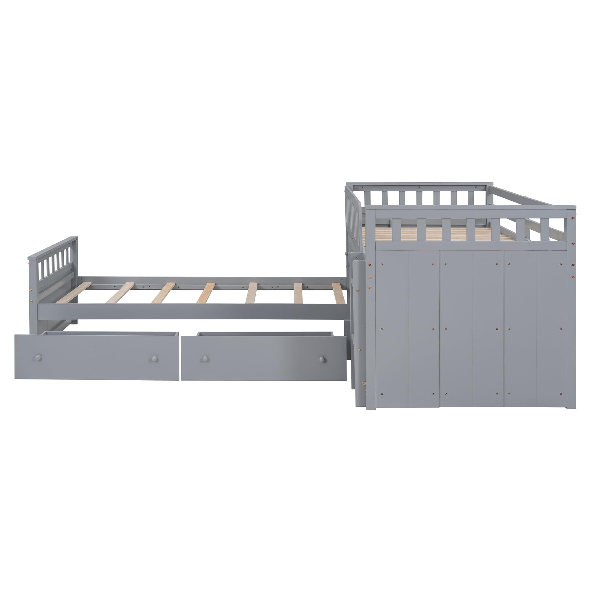 Merax L-Shaped Space-Saving Twin Loft and Twin Platform Bed with 7 Storage Drawers and Full Guardrails, Solid Wooden Bedframe for Boys Girls Adult, No Spring Box Needed, Grey