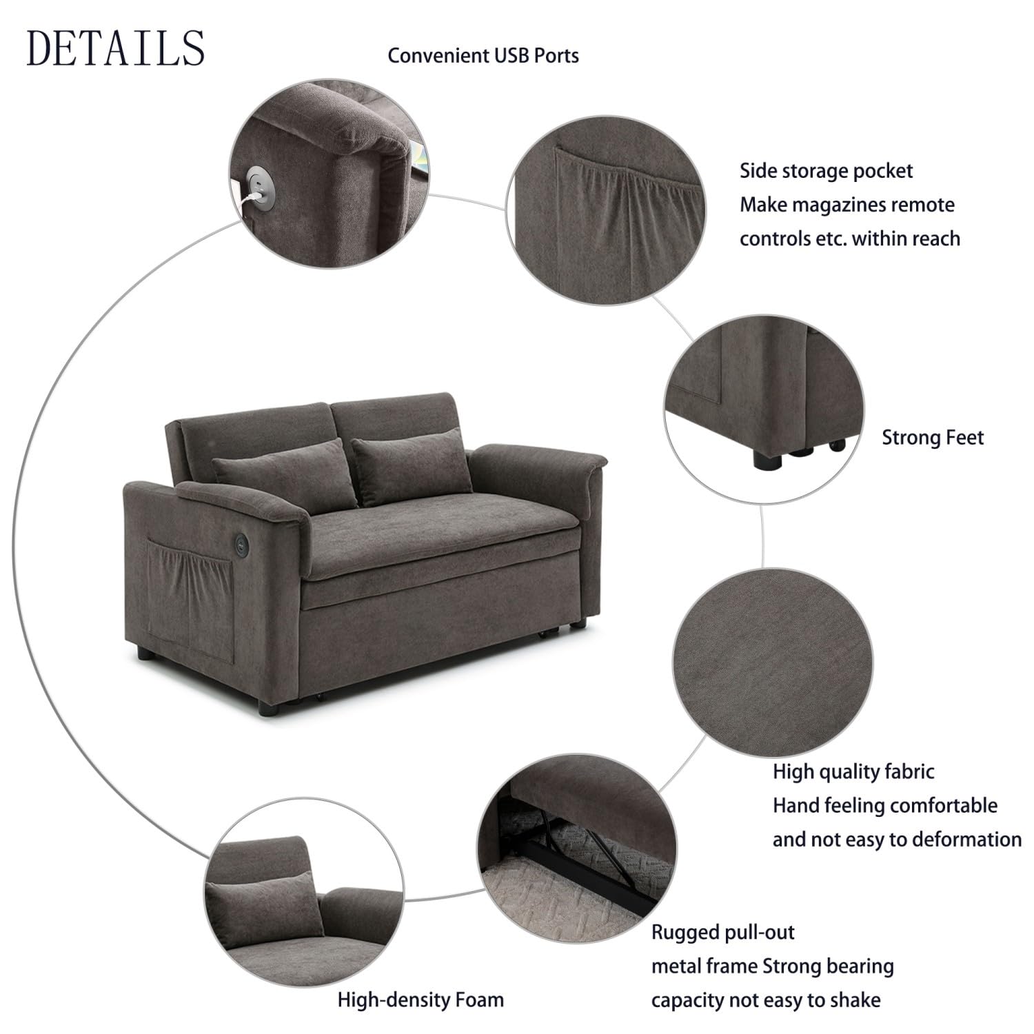 55" Convertible Futon Sofa Bed, Velvet 3 in 1 Sleeper Sofa Bed, Pull Out Couch with USB Ports & 2 waist pillows, Adjustable Backrest Loveseat Sofa, Small Couches for Living Room Apartment, Taupe Brown