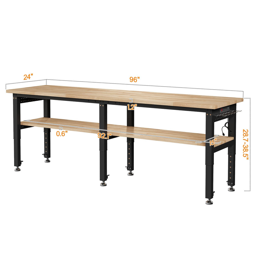 Albott 96" Adjustable 2-Tier Workbench with Solid Wood Top, Max 6000lbs Capacity, Built-in Power Strip with 4 AC Outlets & 2 USB Ports, Pegboard & 20 Hooks, Shop Garage Office