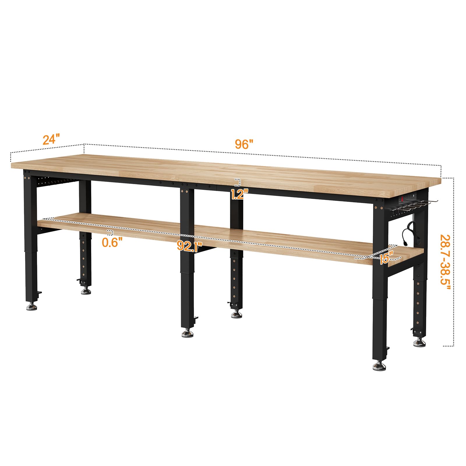 Albott 96" Adjustable 2-Tier Workbench with Solid Wood Top, Max 6000lbs Capacity, Built-in Power Strip with 4 AC Outlets & 2 USB Ports, Pegboard & 20 Hooks, Shop Garage Office