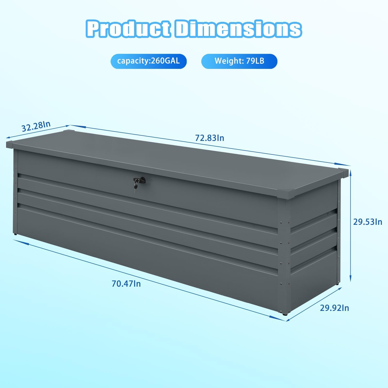 Zolyndo 260 Gallon Waterproof Outdoor Storage Box, Extra Large Outside Metal Deck Storage Box for Patio Cushions, Garden Tools, Pool Supplies