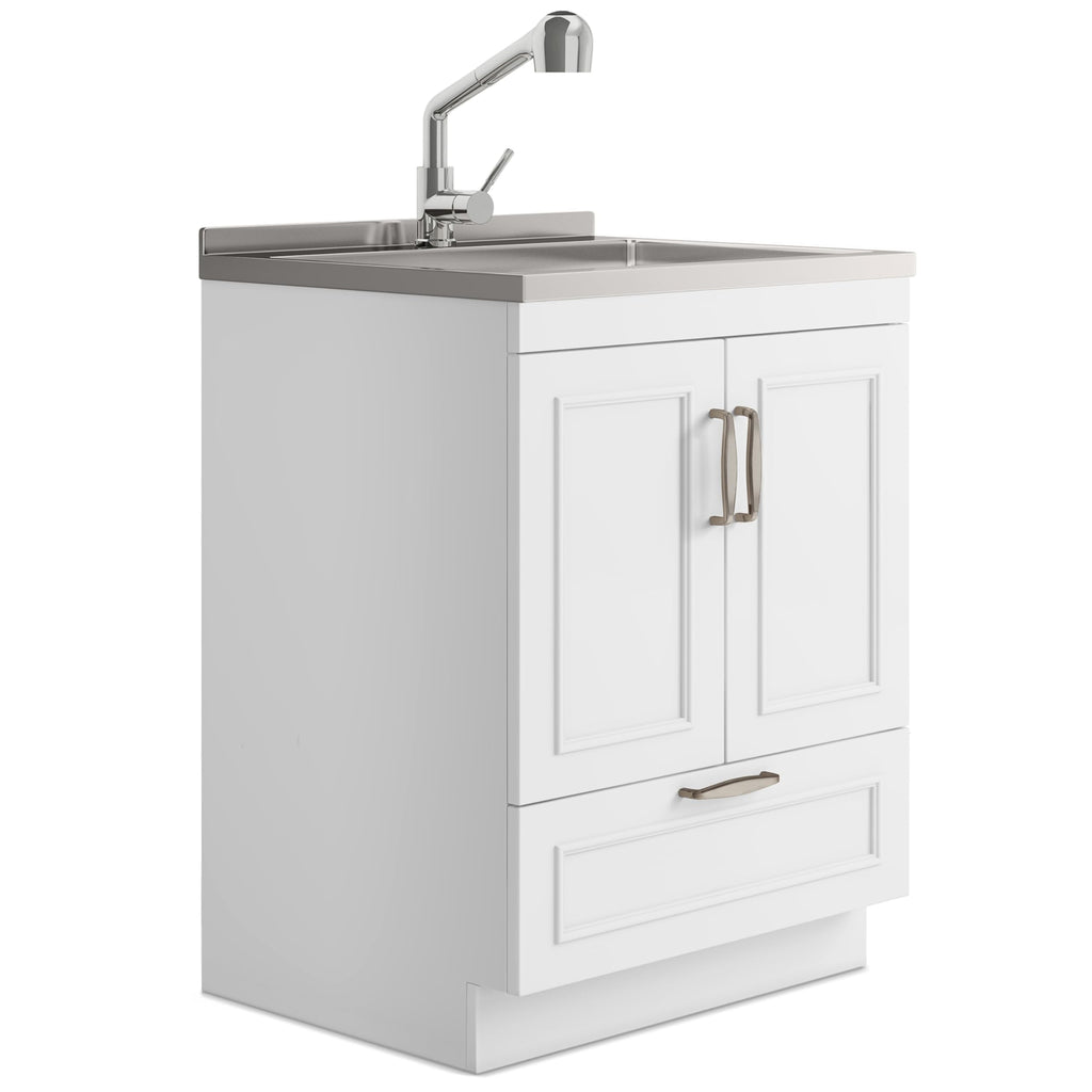 SIMPLIHOME Cardinal All-in-One 28 inch Wide Utility Sink and Laundry Cabinet in Pure White Finish, Transitional Stainless Steel Sink Cabinet for Laundry Rooms with Pull-Out Brushed Nickel Faucet