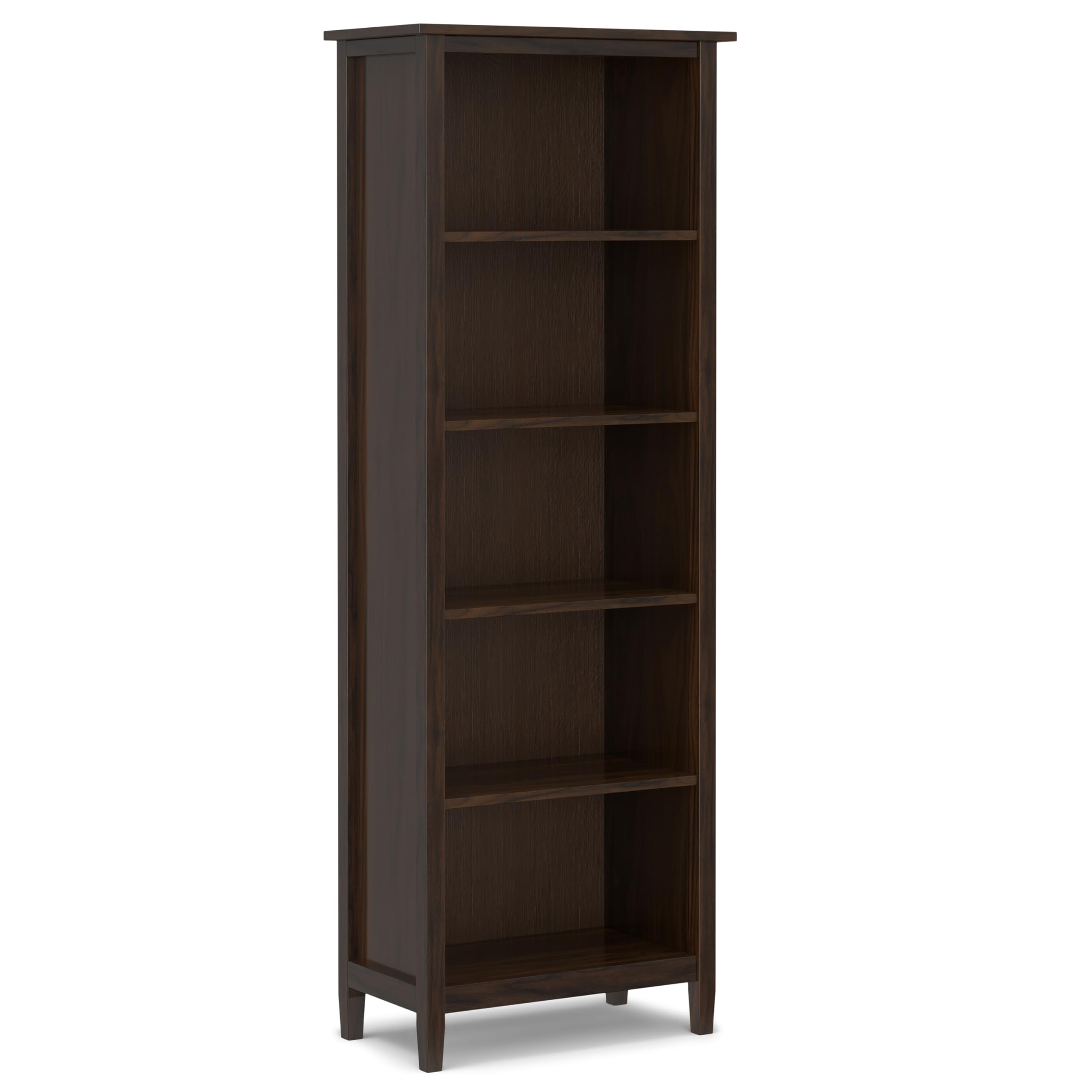 SIMPLIHOME Warm Shaker Bookcase - 72 inch Tall 5-Shelf Solid Wood Bookshelf in Tobacco Brown, Transitional Storage for Living Room, Study Room or Office with Adjustable Shelves and Tapered Legs