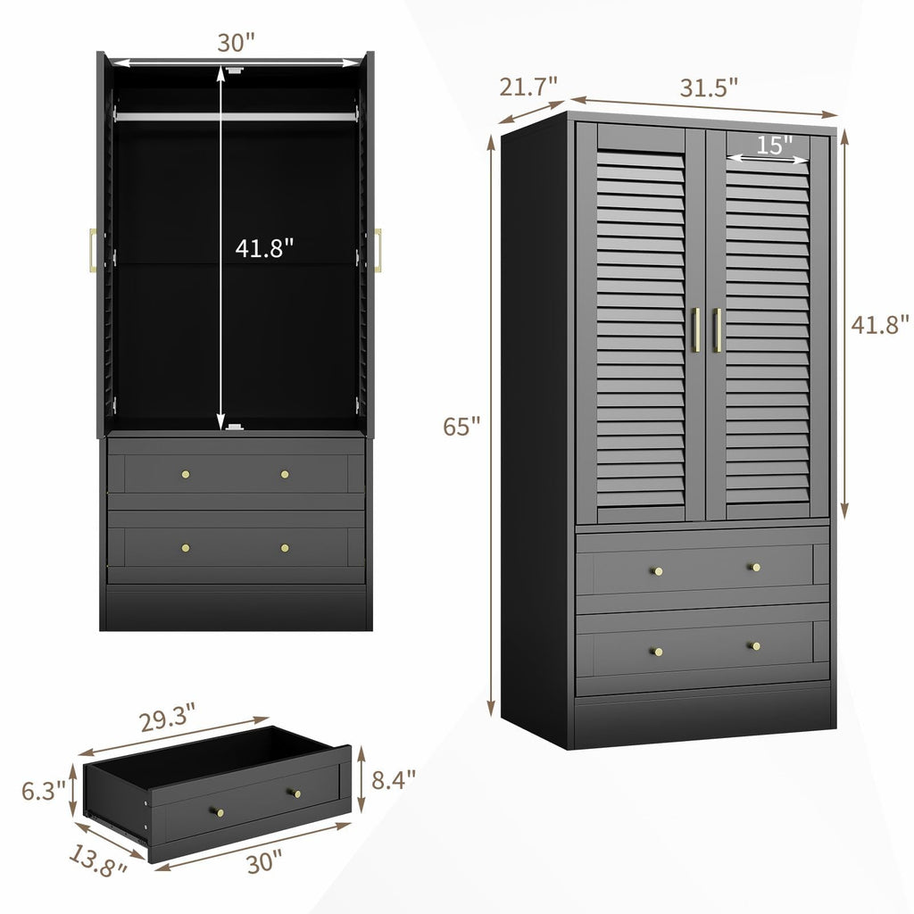 Garvee 65" Louvered Armoire Wardrobe Closet with 2 Doors and 2 Drawers, Large Capacity Storage, Wooden Wardrobe Cabinet with Hanging Rod for Bedroom, Cloak Room, Laundry Room, Entrance Hall, Black