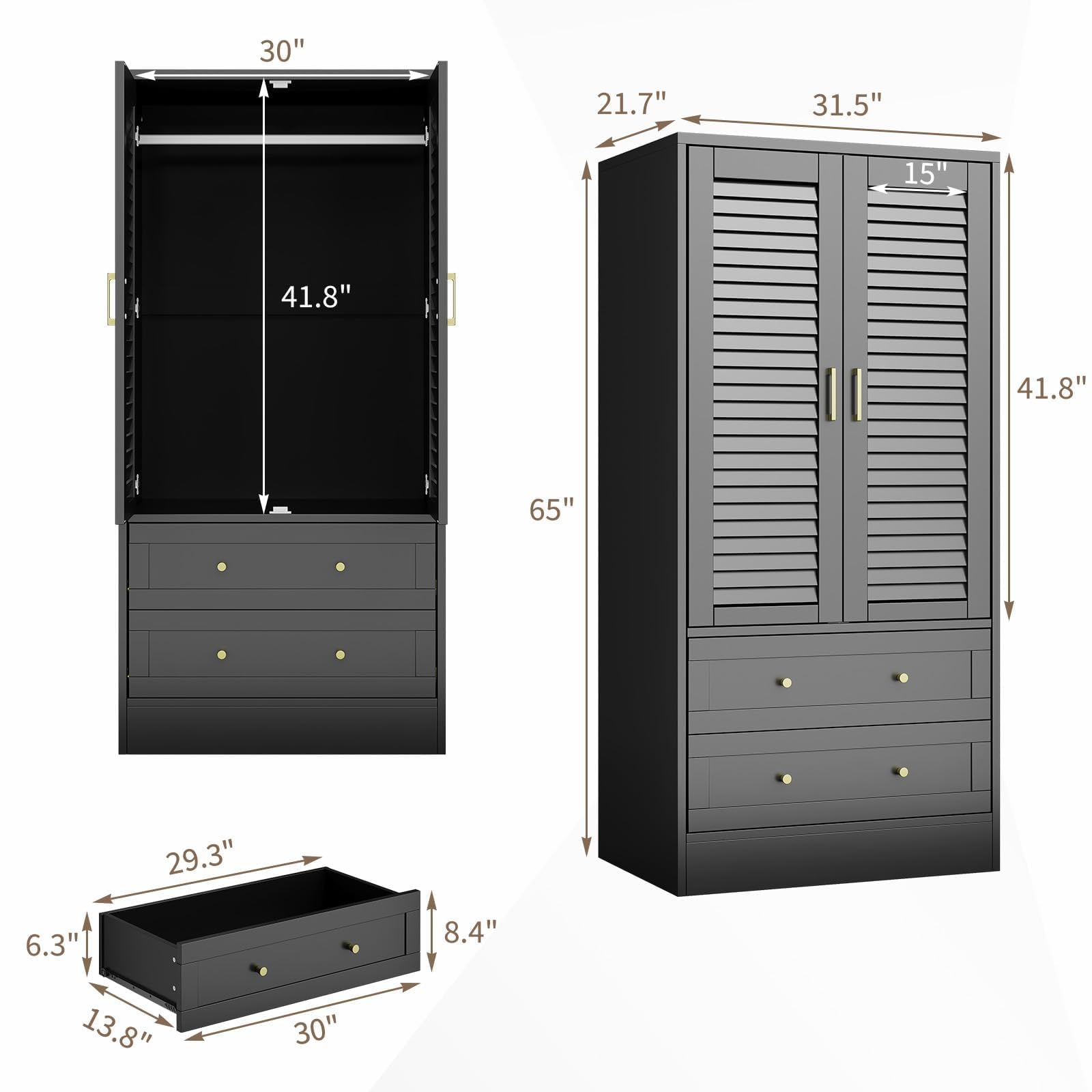 Garvee 65" Louvered Armoire Wardrobe Closet with 2 Doors and 2 Drawers, Large Capacity Storage, Wooden Wardrobe Cabinet with Hanging Rod for Bedroom, Cloak Room, Laundry Room, Entrance Hall, Black