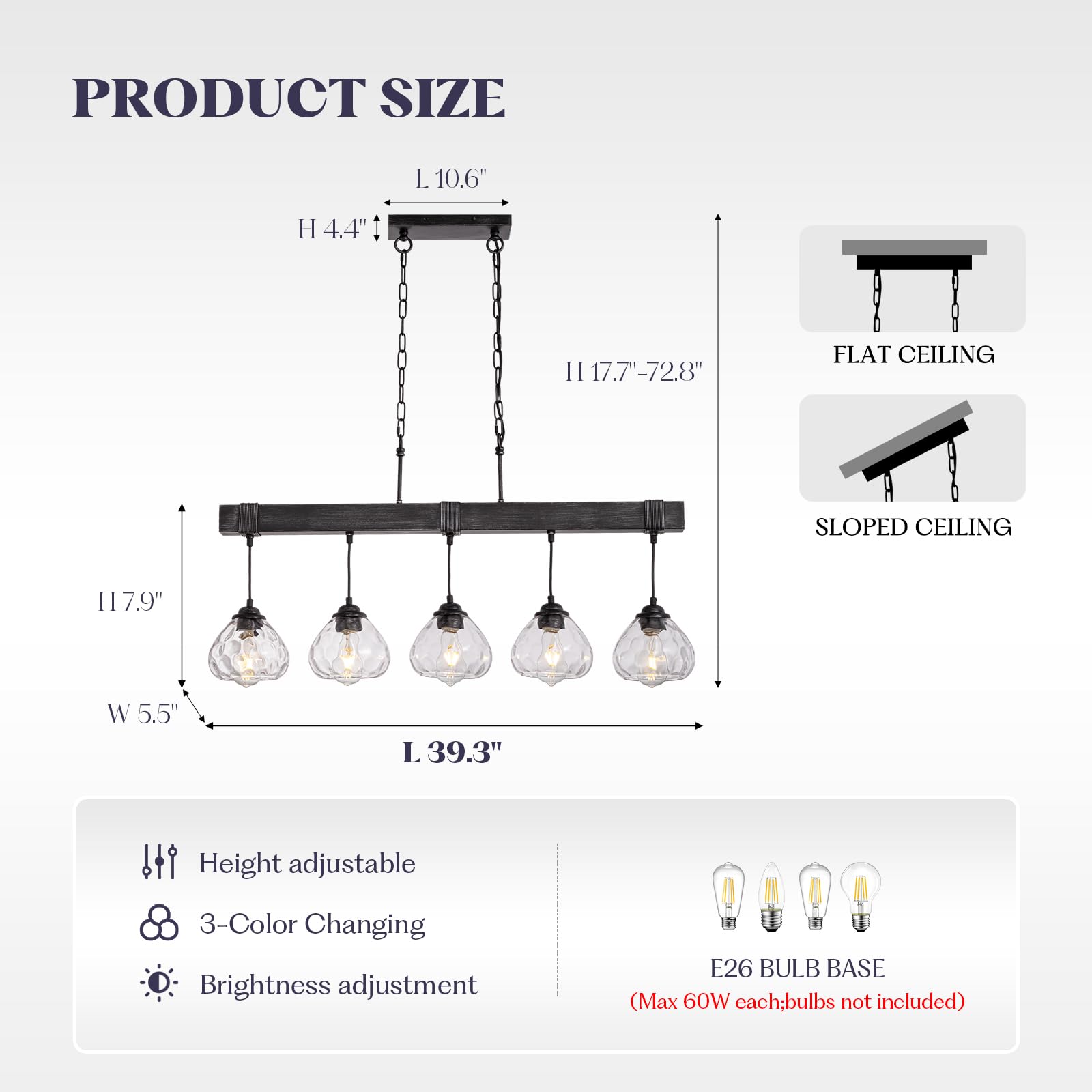 7PMBEANE Linear Chandelier for Dining Room, Modern 5-Light Kitchen Island Lighting,Black Farmhouse Linear Chandelier with Glass Shades, L39IN+W5.5IN+H7.9IN