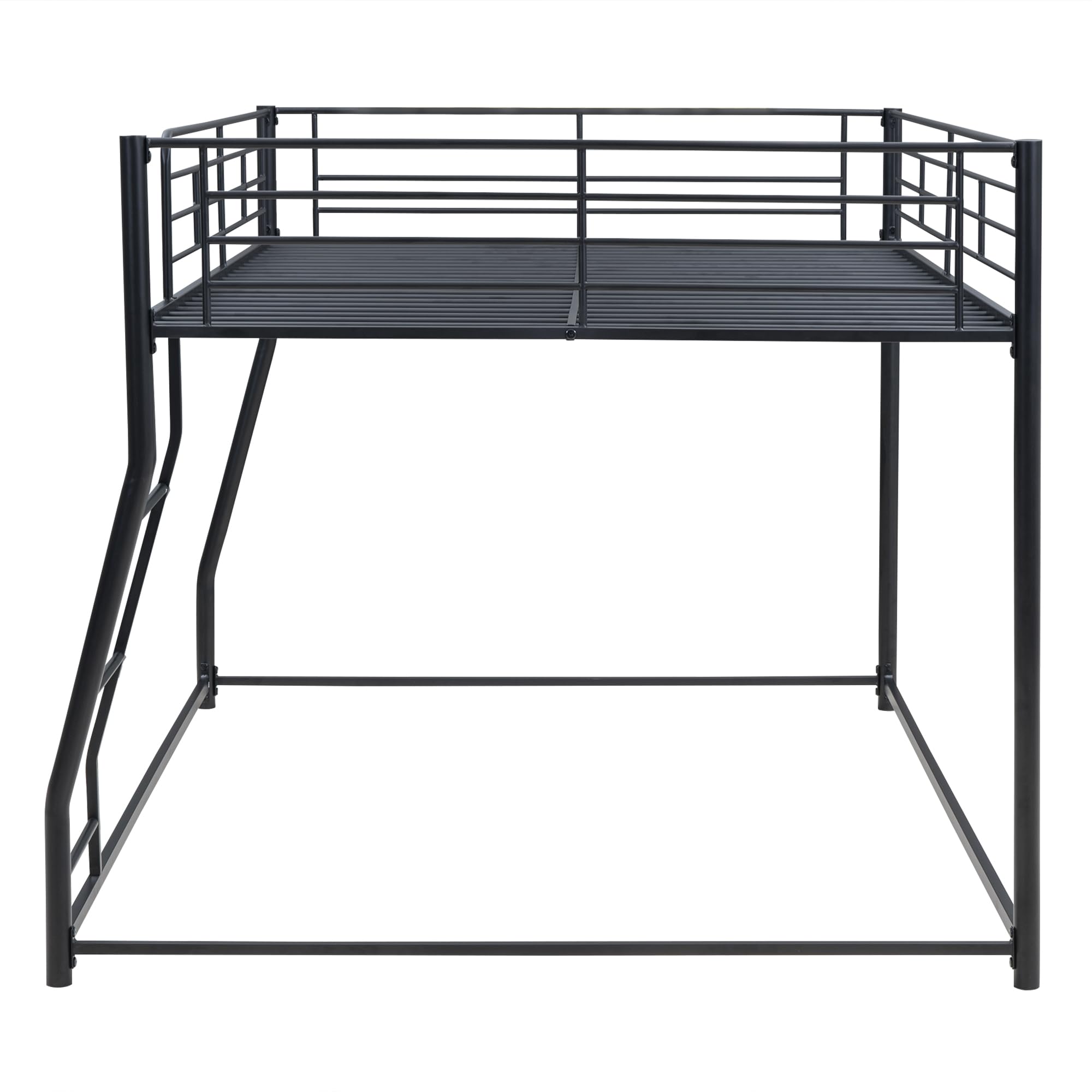 Bellemave Metal Full XL Over Queen bunk Bed, Floor Twin XL Over Queen Bunk Bed Frame with Ladder and Guardrails,Black no slats